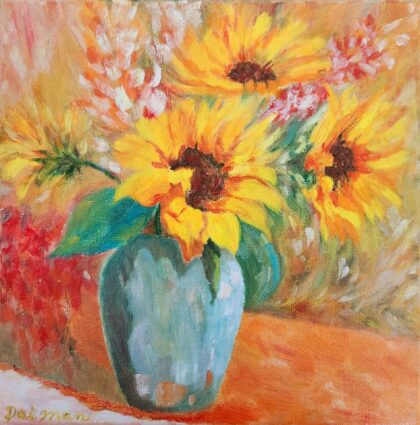 Sunflowers In Pot ( Oil on Canvas 8x8" )