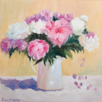 Peonies In White Pot (Oil on Canvas 8x8" )